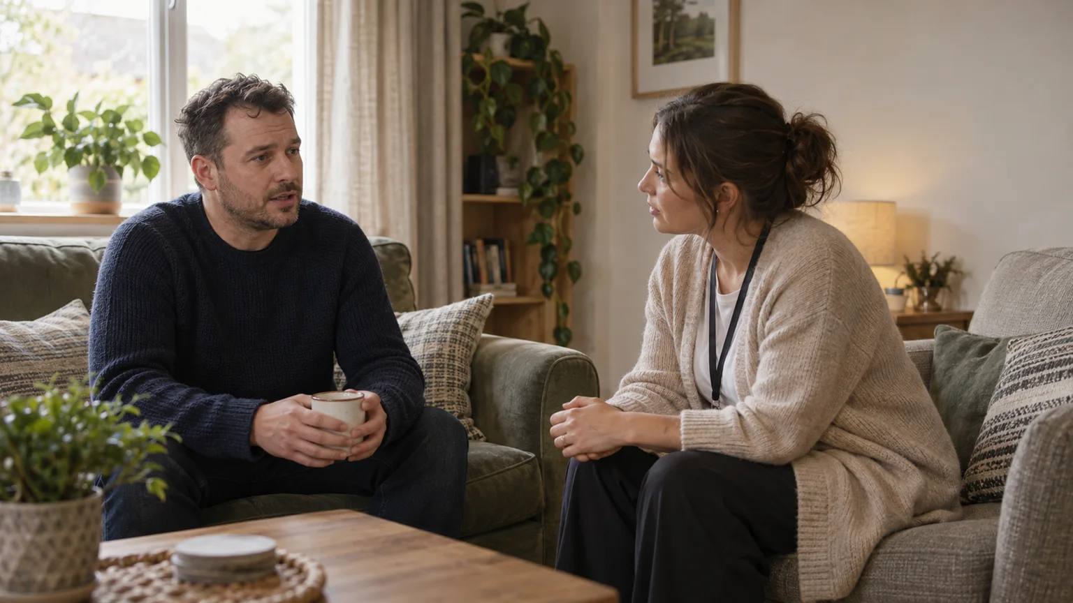 A support worker listening to a tenant during a quiet conversation at home