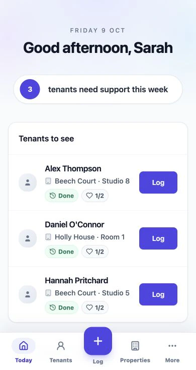 Sarah’s support worker dashboard: three tenants to see this week, with their property, weekly support status and a Log button for each person