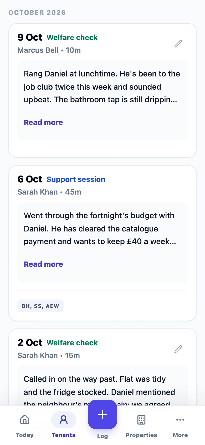 A tenant’s history in Casie on a phone: a welfare check on 9 October by Marcus Bell, a support session on 6 October by Sarah Khan, each with its note