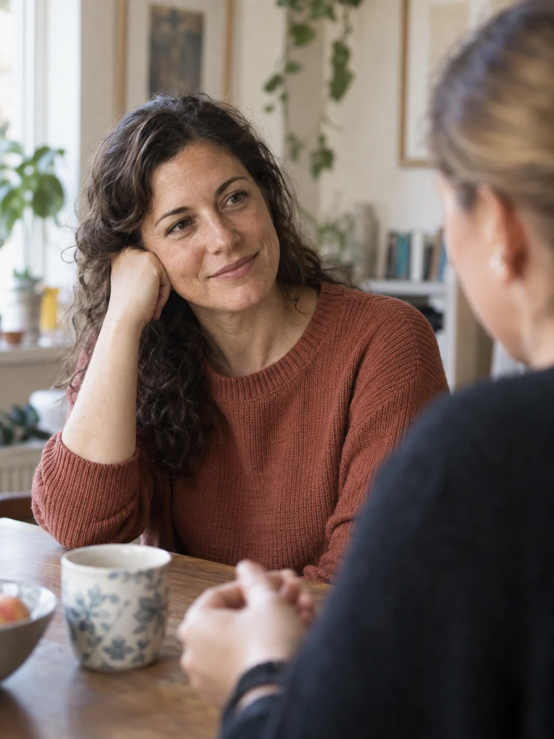 Two adults taking time for a conversation at home